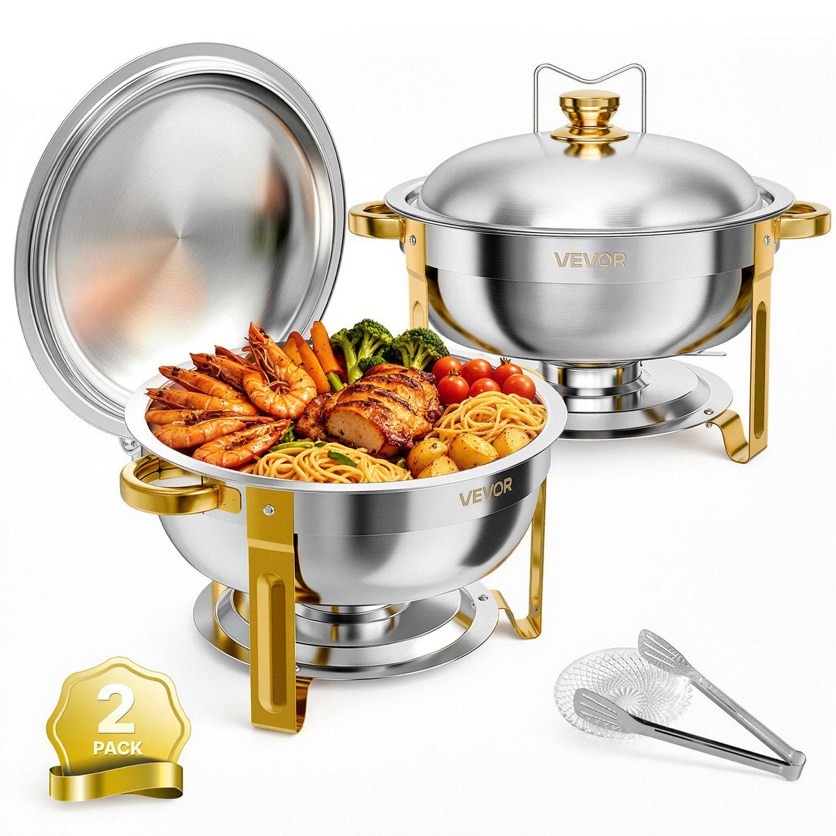 2 Packs Chafing Dishes for Buffet Set, 6QT Stainless Steel Chafer, for Banquet Party Wedding Catering Event, Round Stackable Buffet Server and Warmer, with 2 Pots, Fuel Holder, Tong, Glass Pad