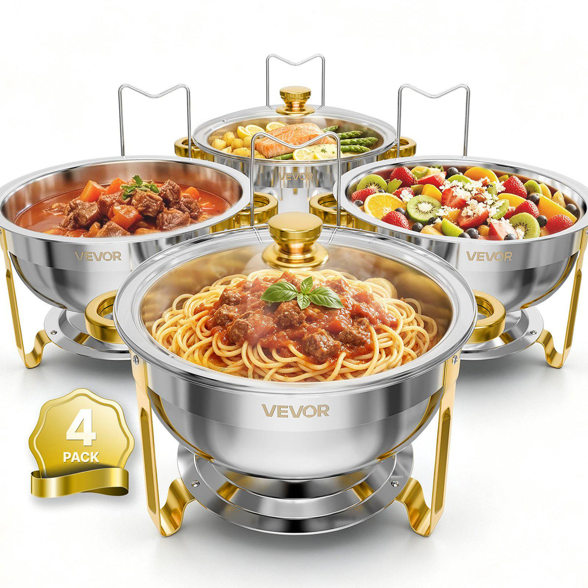 4 Packs Chafing Dishes for Buffet Set, 6QT Stainless Steel Chafer, for Banquet Party Wedding Catering Event, Round Stackable Buffet Servers and Warmers, with 4 Pots, Glass Lid, and Fuel Holder