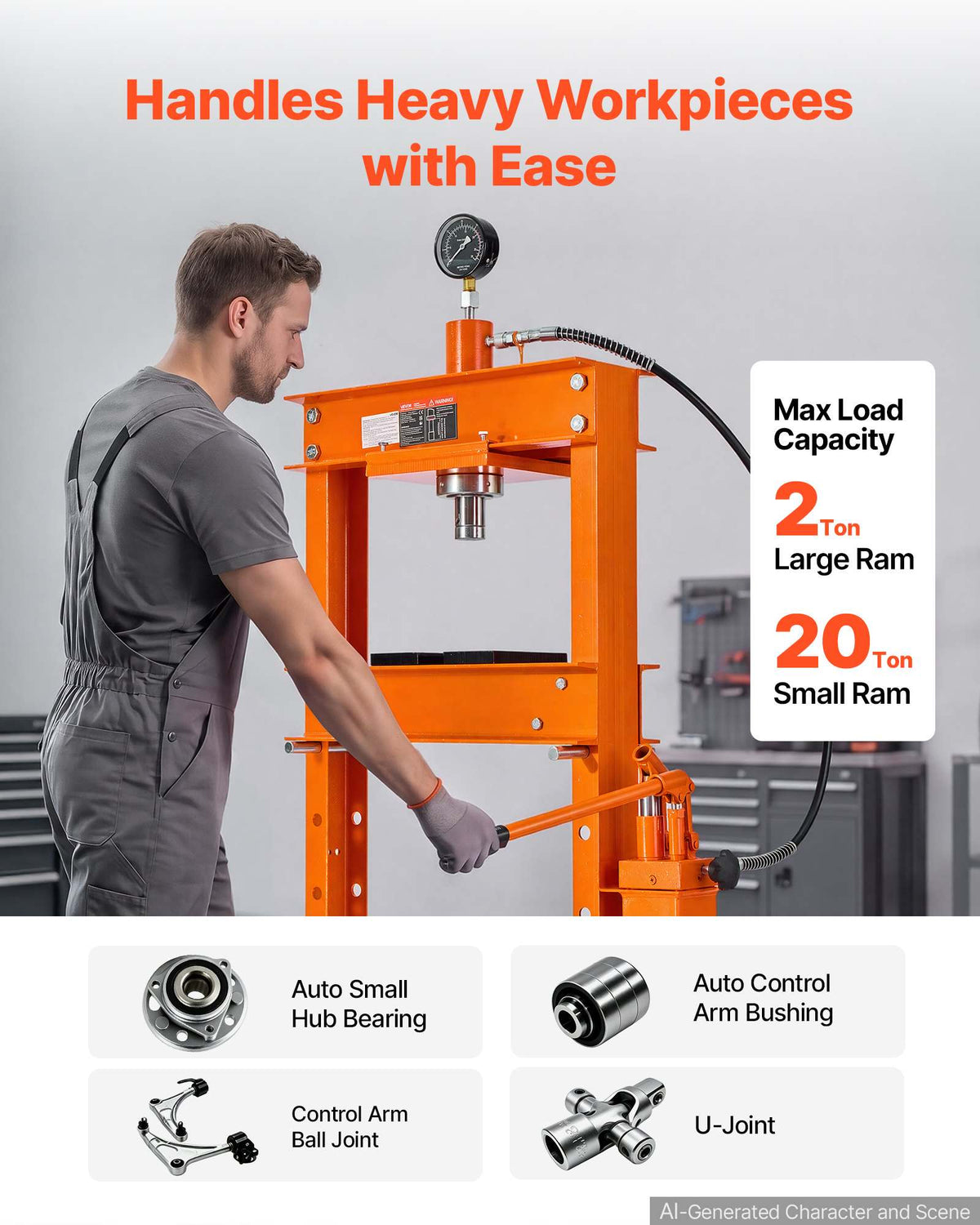 20-Ton Hydraulic Shop Press, H-Frame Garage Floor Shop Press with Two-Speed Pump & Gauge, Heavy-Duty Steel Adjustable Hydraulic Press for Bending, Straightening, Pressing U-Joints & Bearings