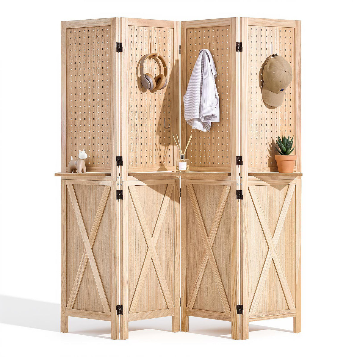 Wood Room Divider Pegboard Wood Folding Privacy Screen with Shelves, For Room Separation & Home Decor, 4 Panels, Solid Frame with X Pattern, 360° Two-Way Hinges, Wooden Partition with Hardware