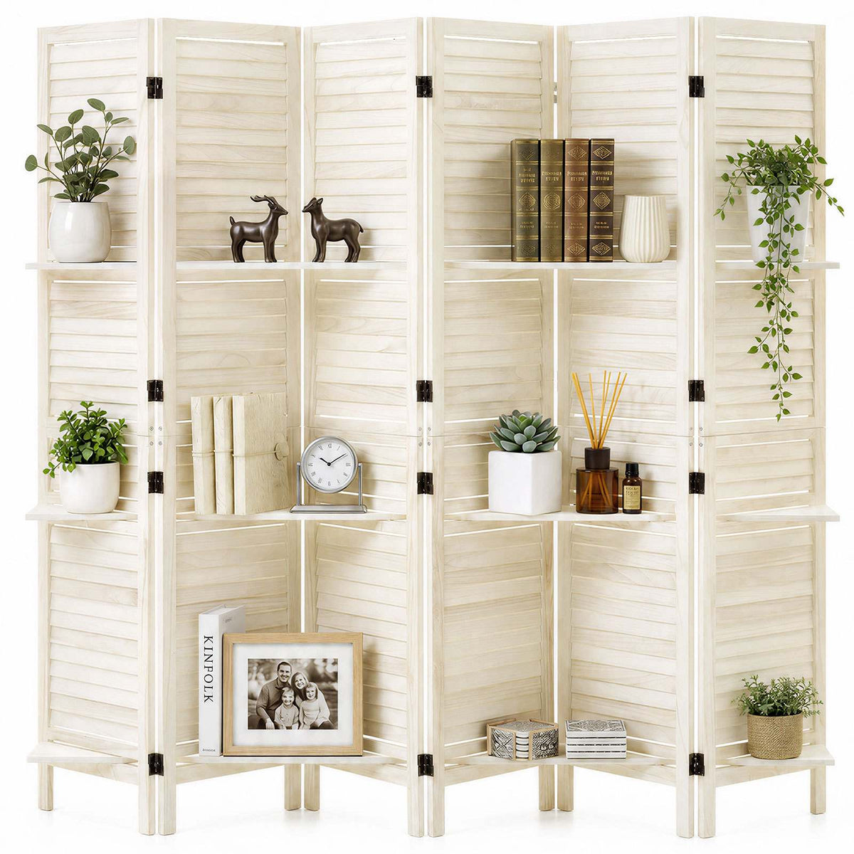 Wood Room Divider 6 Panels Wood Folding Privacy Screen with Shelves, For Room Separation & Home Decor, 67.1 in Tall, Solid Frame, 360° Two-Way Hinges, Louvered Wooden Partition with Hardware