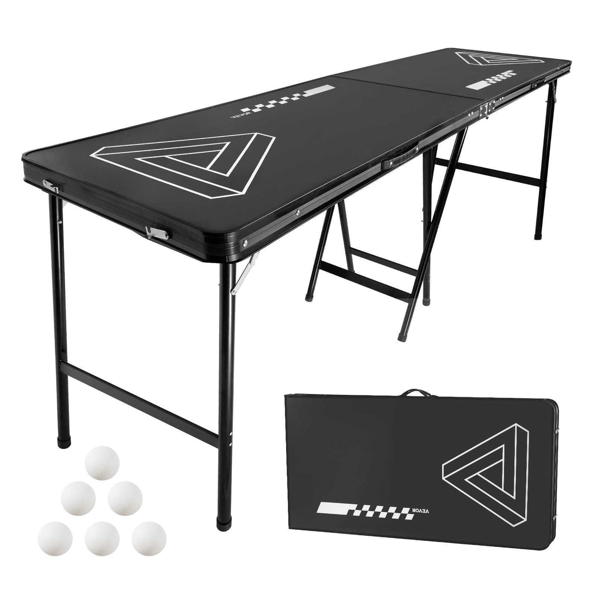 8 Foot Portable Beer Pong Table, Foldable 36 inch Heightened Table,  Carrying Handles and 6 Pong Balls, Lightweight Tailgate Table for Office, Tailgate Party, Travel & Camping, Black