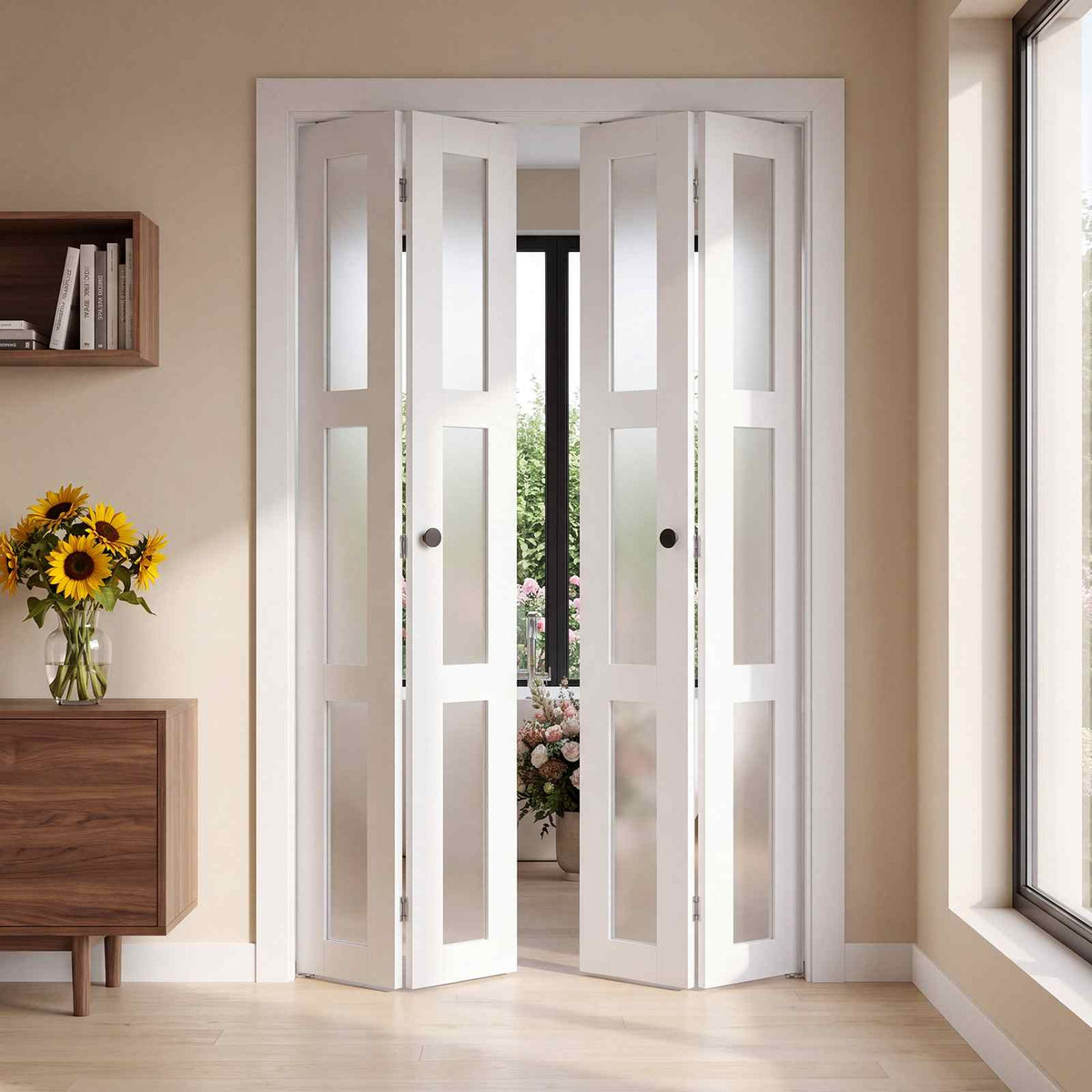 Bifold Closet Door 4-Panel, 48" (Four 12") x 80", 3-Lite Frosted Glass Bifold Barn Door with Metal Hardware Kit & Sturdy Composite Frame, Modern Stylish & Space-Saving for Closets Bedrooms