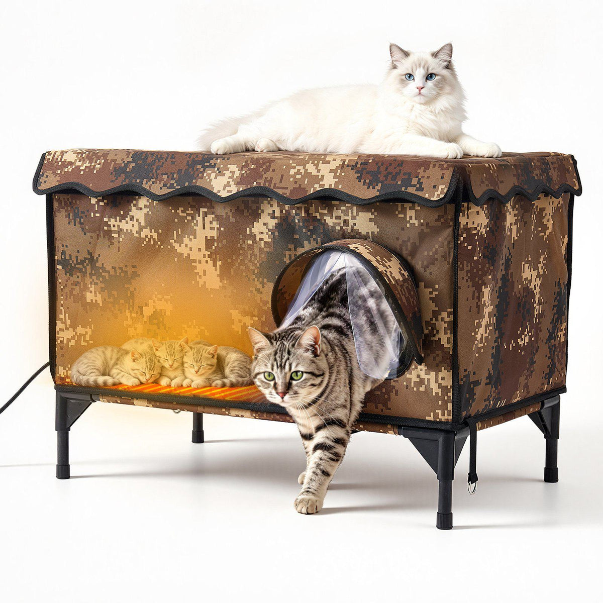 Elevated Heated Cat House 25.4W Insulated Shelter with Heated Pad, for Indoor Outdoor Winter Use, 2-Door & Private Side Curtain, Waterproof Weatherproof Stray Feral Kitty Shelter for Outside