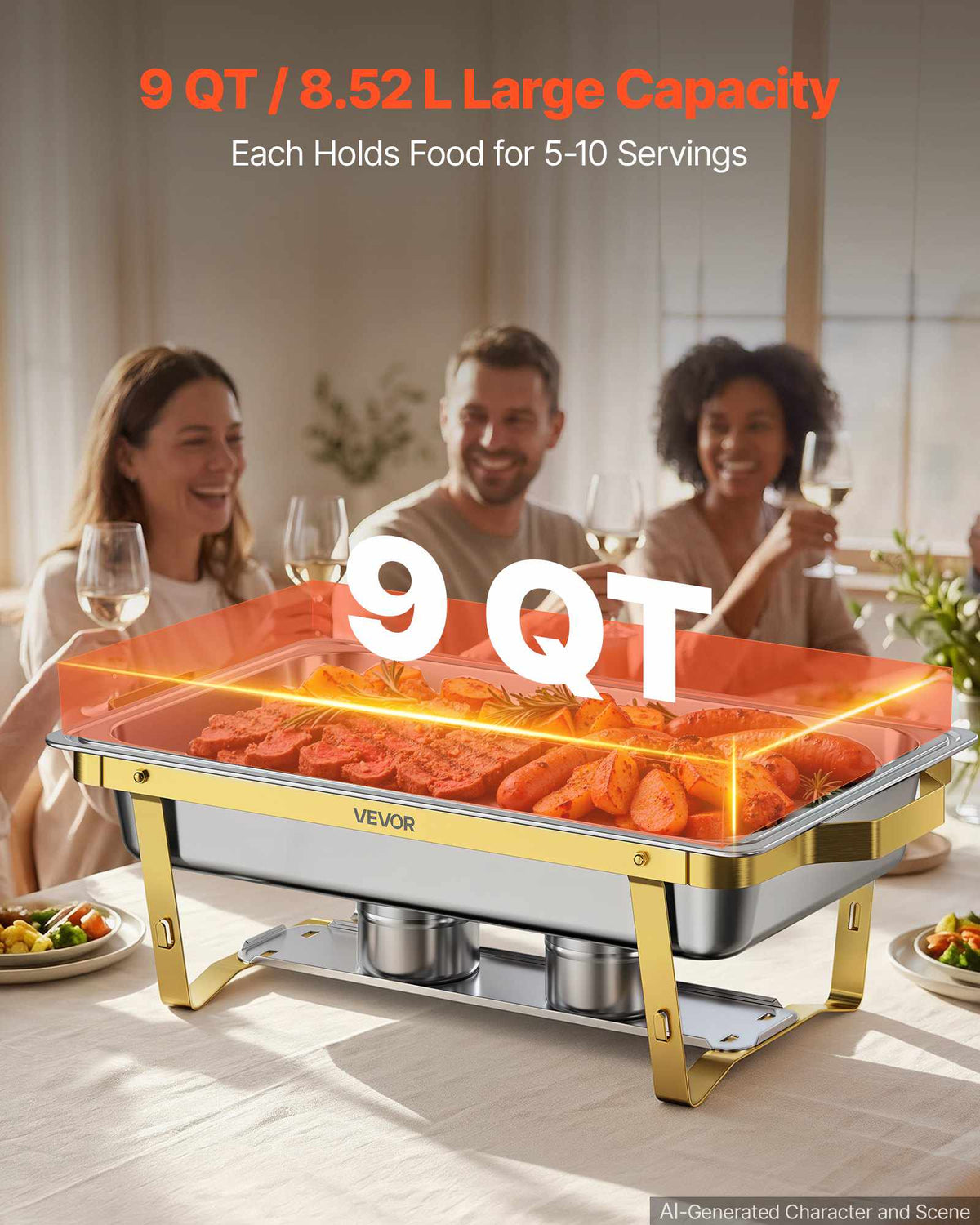 4 Packs Chafing Dishes for Buffet Set, 9QT Stainless Steel Chafer, for Banquet Party Wedding, Rectangle Buffet Server Warmer, 2 Full & 4 Half-Size Pans, Glass Lid, Fuel Holder, Tong, Glass Pad