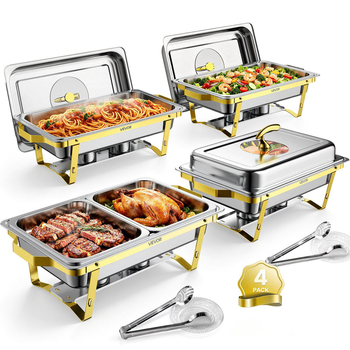 4 Packs Chafing Dishes for Buffet Set, 9QT Stainless Steel Chafer, for Banquet Party Wedding, Rectangle Buffet Server Warmer, 2 Full & 4 Half-Size Pans, Glass Lid, Fuel Holder, Tong, Glass Pad