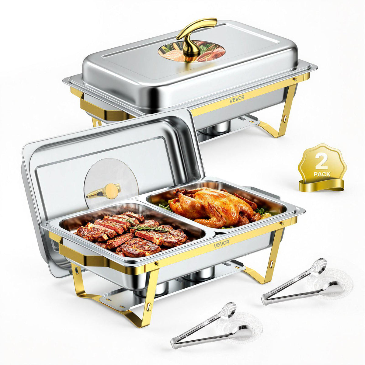 2 Packs Chafing Dishes for Buffet Set, 9QT Stainless Steel Chafer, for Banquet Party Wedding, Rectangle Buffet Server Warmer, 1 Full & 2 Half-Size Pans, Glass Lid, Fuel Holder, Tong, Glass Pad
