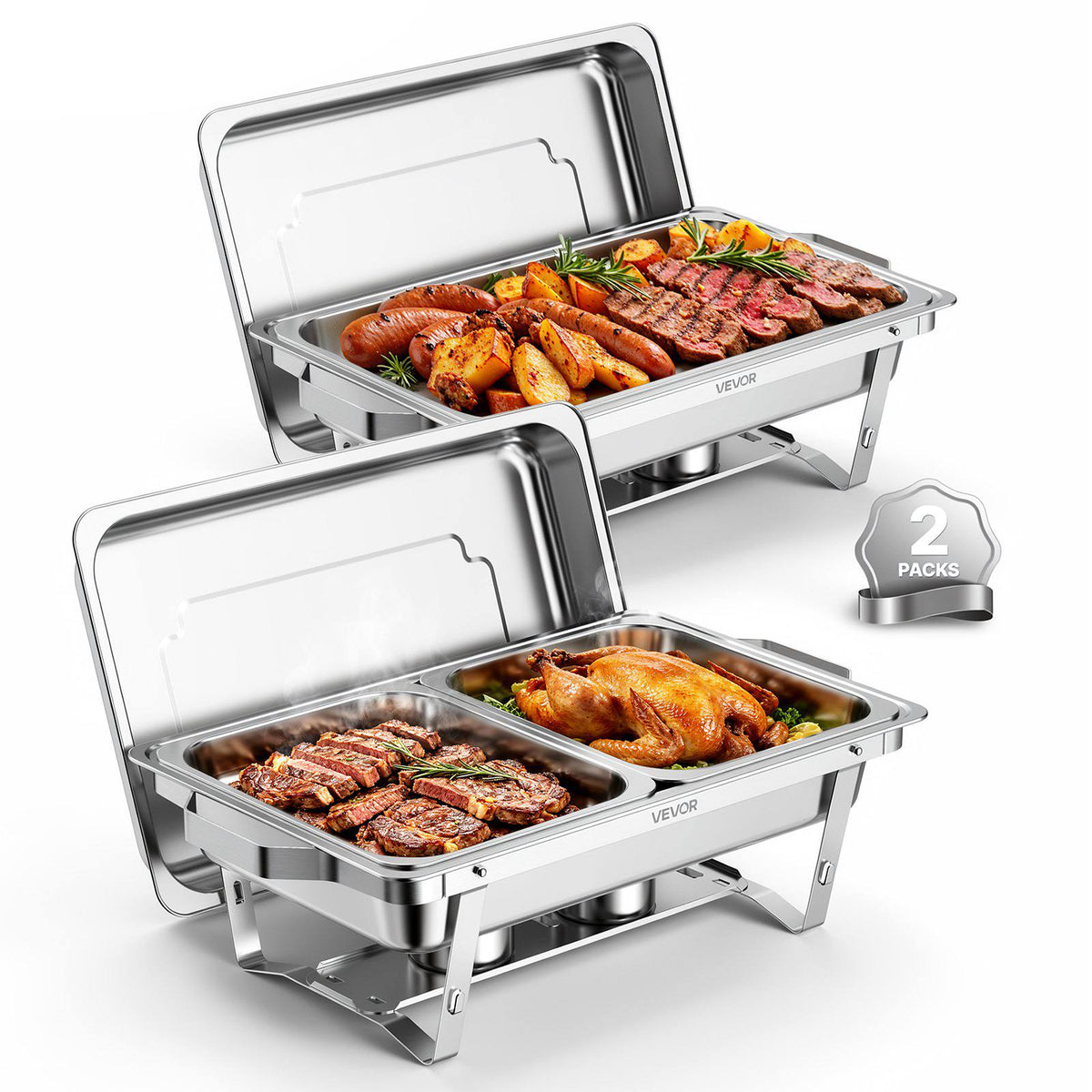 2 Packs Chafing Dishes for Buffet Set, 9QT Stainless Steel Chafer, for Banquet Party Wedding, Rectangle Buffet Server and Warmer with 1 Full & 2 Half Size Pans, Fuel Holder, and Foldable Stand