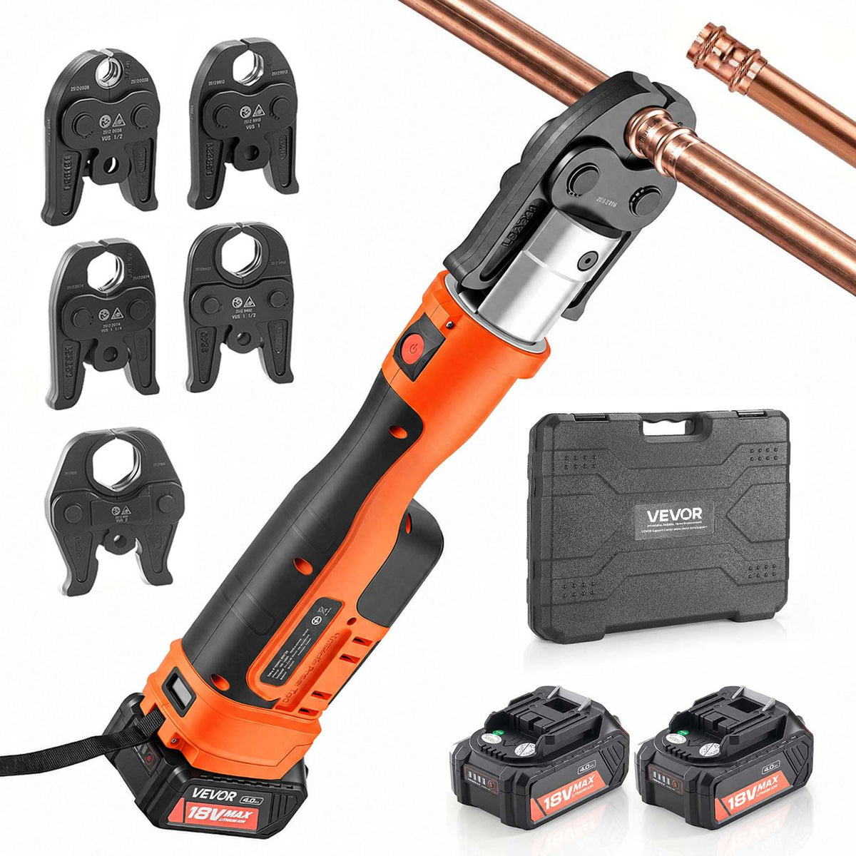 Press Tool, 18V Electric Crimping Tool for 1/2", 3/4", 1", 1-1/4", 1-1/2", 2" Copper Pipes, 32KN Press Tool Compatible with ProPress - with 6 VUS Jaws, 2PCS 4AH Batteries, Charger & Toolbox