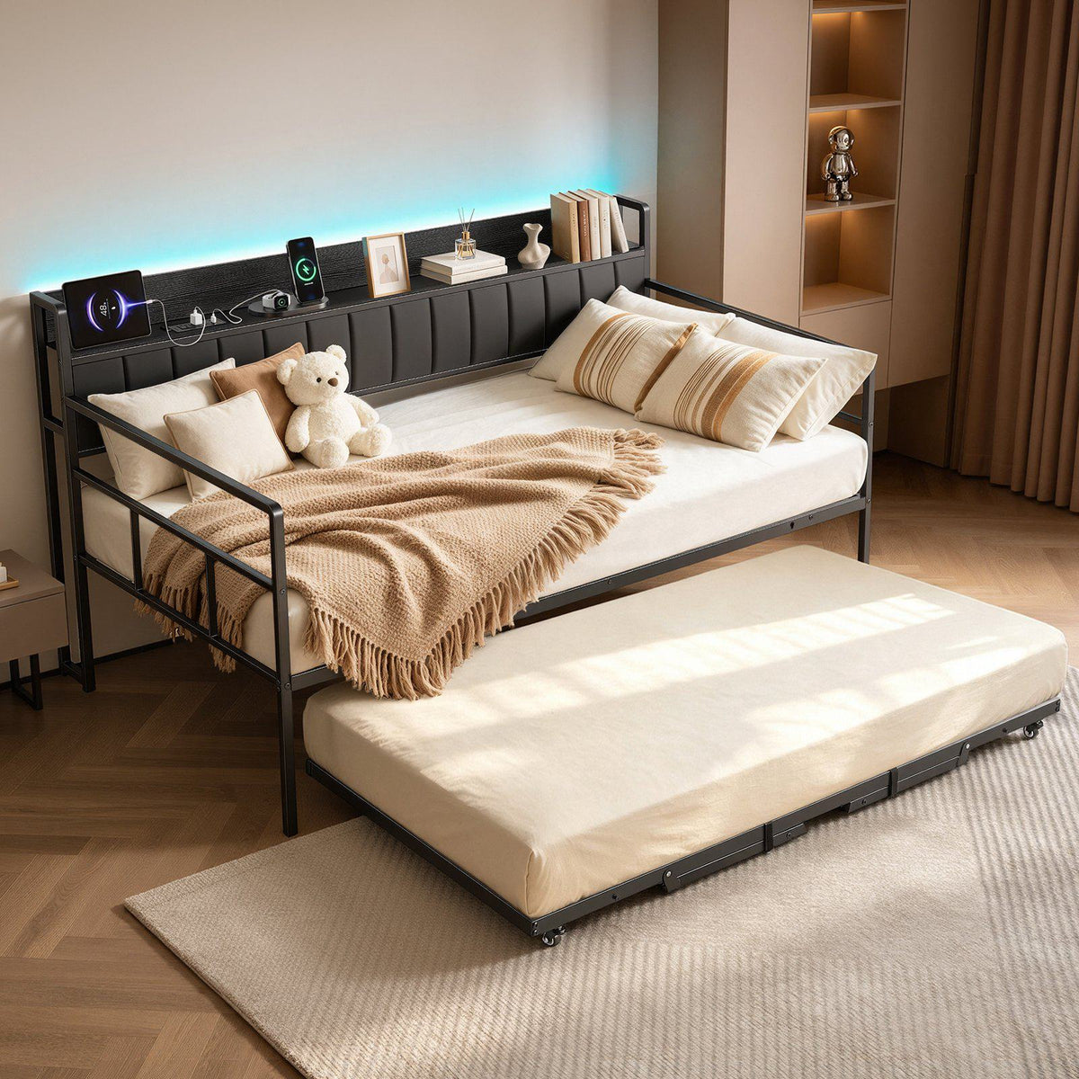 Twin Daybed with Pop Up Trundle Bed Frame Charging Station LED Light, for Living Room Bedroom Guest Room, Heavy Duty Sofa Day Bed with Storage Headboard, 4 Casters, Height Adjustable, Black