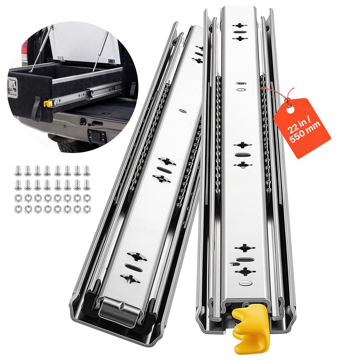 Heavy Duty Drawer Slides, 22 inch 250 lbs with Lock Side Mount Rails, for Cabinets, Kitchen, Workbench, RV, 3-Fold Full Extension Ball Bearing Rails, Carbon Steel, with Screws & Nuts, 1 Pair