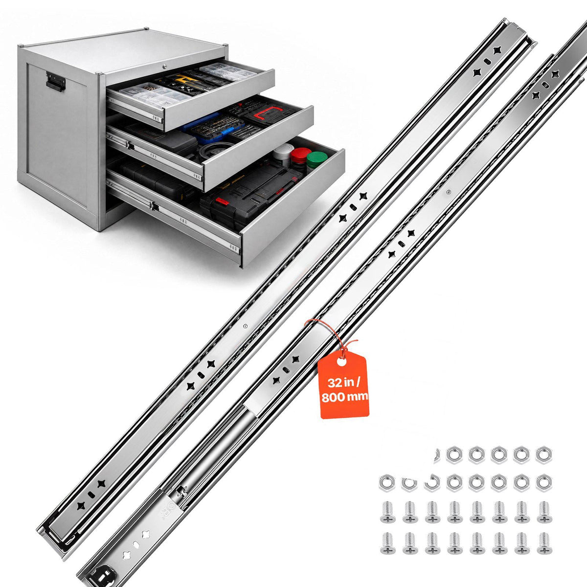 Heavy Duty Drawer Slides, 32 inch 265 lbs Load Side Mount Rails, for Cabinets, Kitchen, Workbench, RV, 3-Fold Full Extension Ball Bearing Rails, Carbon Steel, with Screws & Nuts, 1 Pair