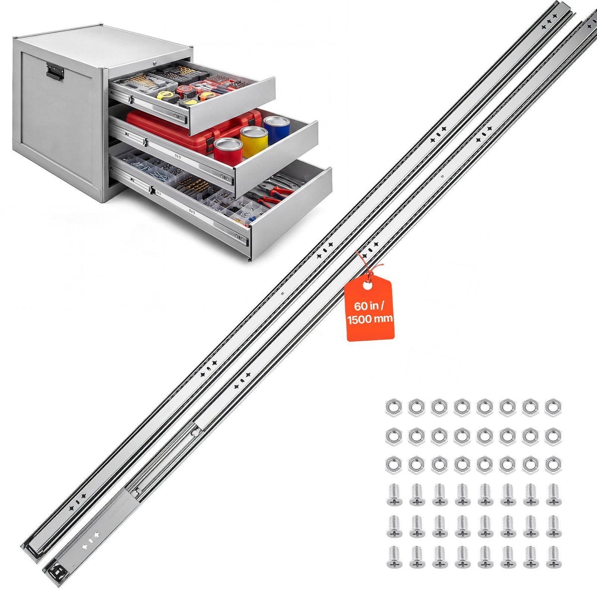 Heavy Duty Drawer Slides, 60 inch 265 lbs Load Side Mount Rails, for Cabinets, Kitchen, Workbench, RV, 3-Fold Full Extension Ball Bearing Rails, Carbon Steel, with Screws & Nuts, 1 Pair