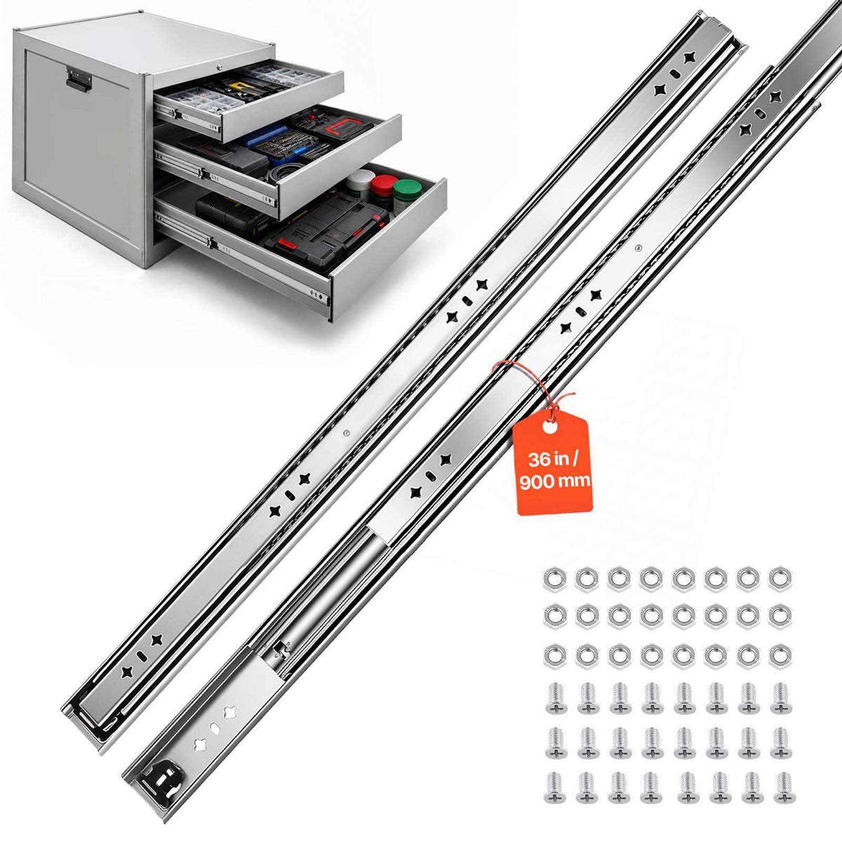 Heavy Duty Drawer Slides, 36 inch 265 lbs Load Side Mount Rails, for Cabinets, Kitchen, Workbench, RV, 3-Fold Full Extension Ball Bearing Rails, Carbon Steel, with Screws & Nuts, 1 Pair