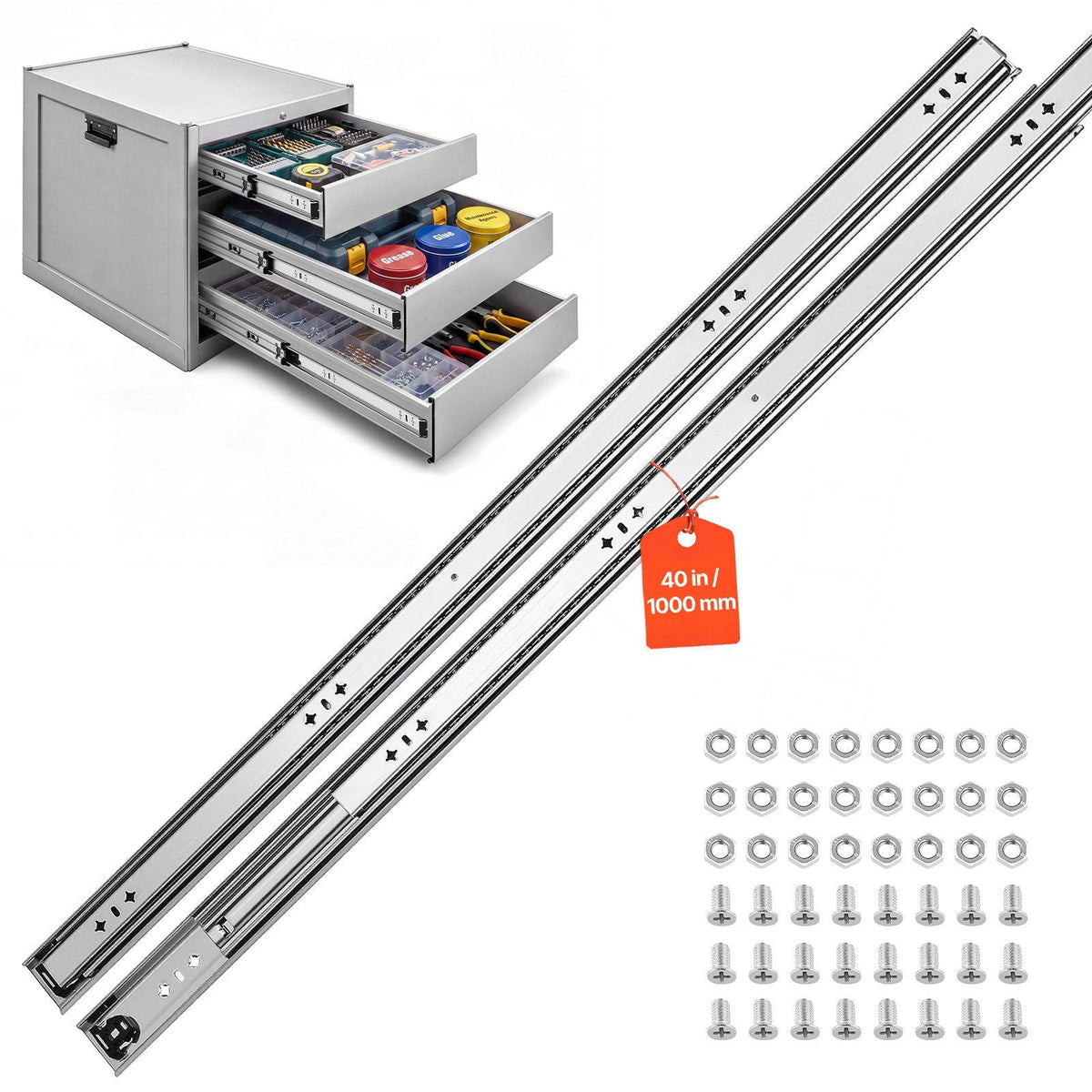 Heavy Duty Drawer Slides, 40 inch 265 lbs Load Side Mount Rails, for Cabinets, Kitchen, Workbench, RV, 3-Fold Full Extension Ball Bearing Rails, Carbon Steel, with Screws & Nuts, 1 Pair