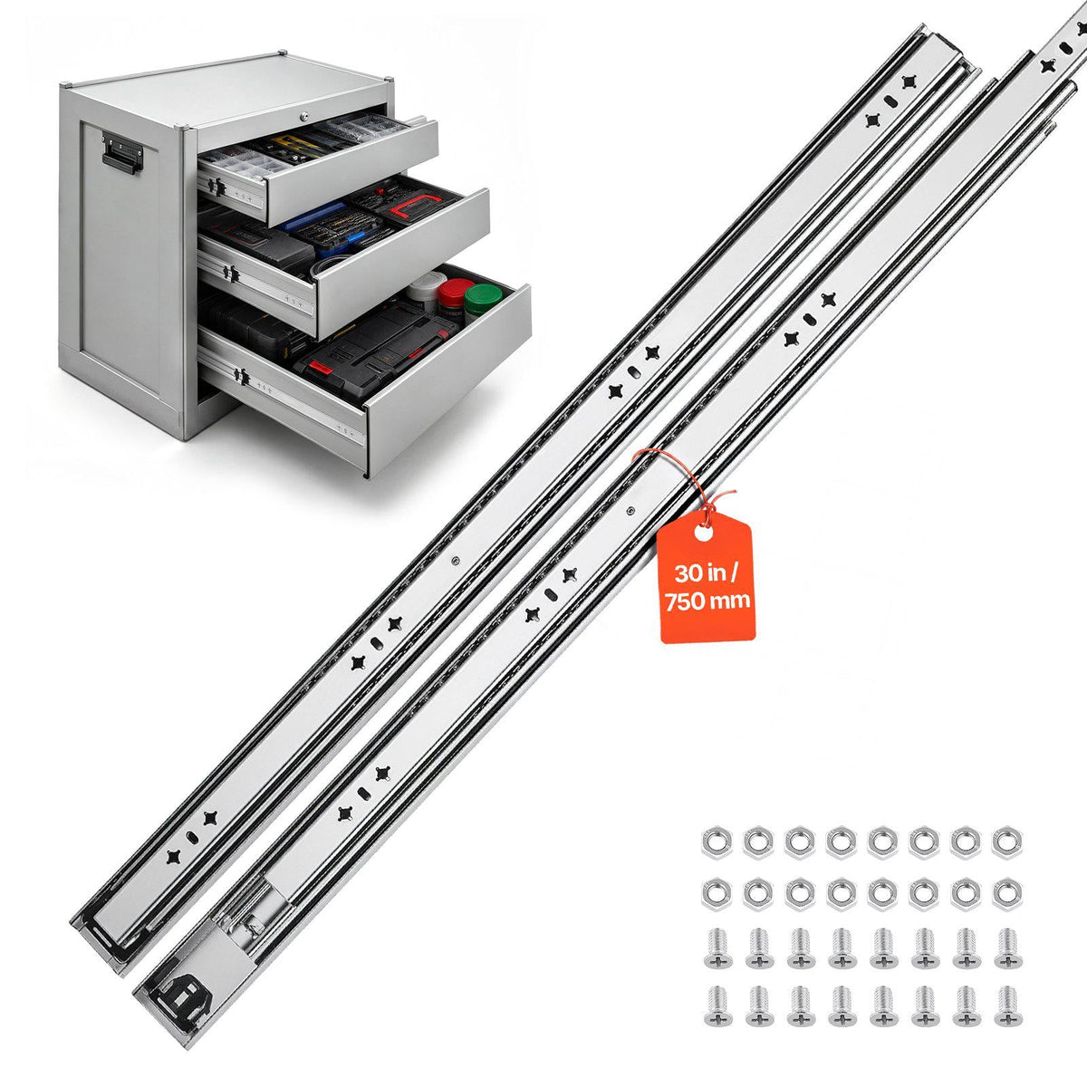 Heavy Duty Drawer Slides, 30 inch 265 lbs Load Side Mount Rails, for Cabinets, Kitchen, Workbench, RV, 3-Fold Full Extension Ball Bearing Rails, Carbon Steel, with Screws & Nuts, 1 Pair