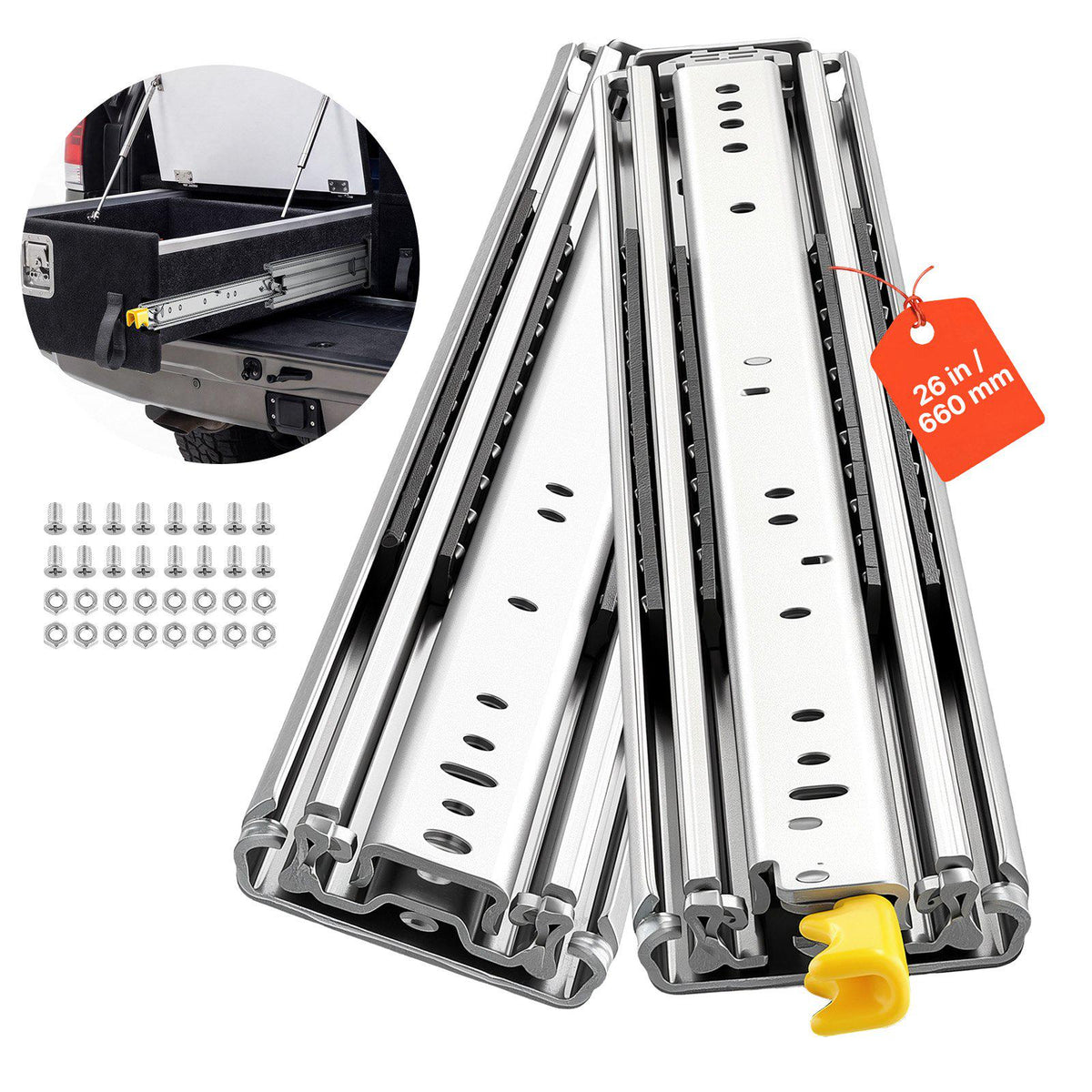 Heavy Duty Drawer Slides, 26 inch 500 lbs with Lock Side Mount Rails, for Cabinets, Kitchen, Workbench, RV, 3-Fold Full Extension Ball Bearing Rails, Carbon Steel, with Screws & Nuts, 1 Pair