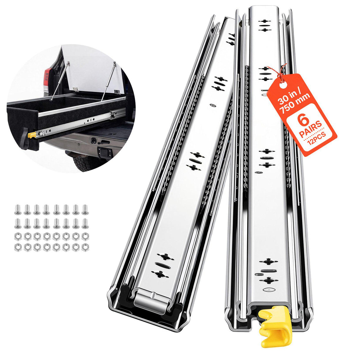 Heavy Duty Drawer Slides, 30 inch 250 lbs with Lock Side Mount Rails, for Cabinets, Kitchen, Workbench, RV, 3-Fold Full Extension Ball Bearing Rails, Carbon Steel, with Screws & Nuts, 6 Pairs