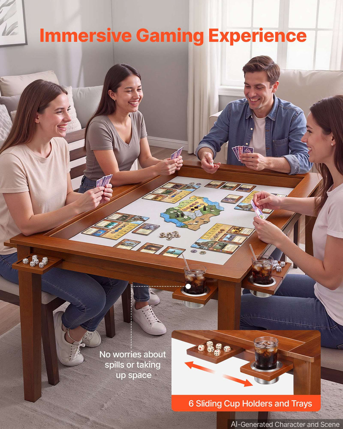 Board Game Table 2-in-1 Gaming and Dining Table 63 x 39.4 x 30 in, Roomy for 6 Players, with Removable Tabletop, Leather Gaming Mat, 6 Cup Holders & Sliding Trays, 440LBS Solid Wood Support