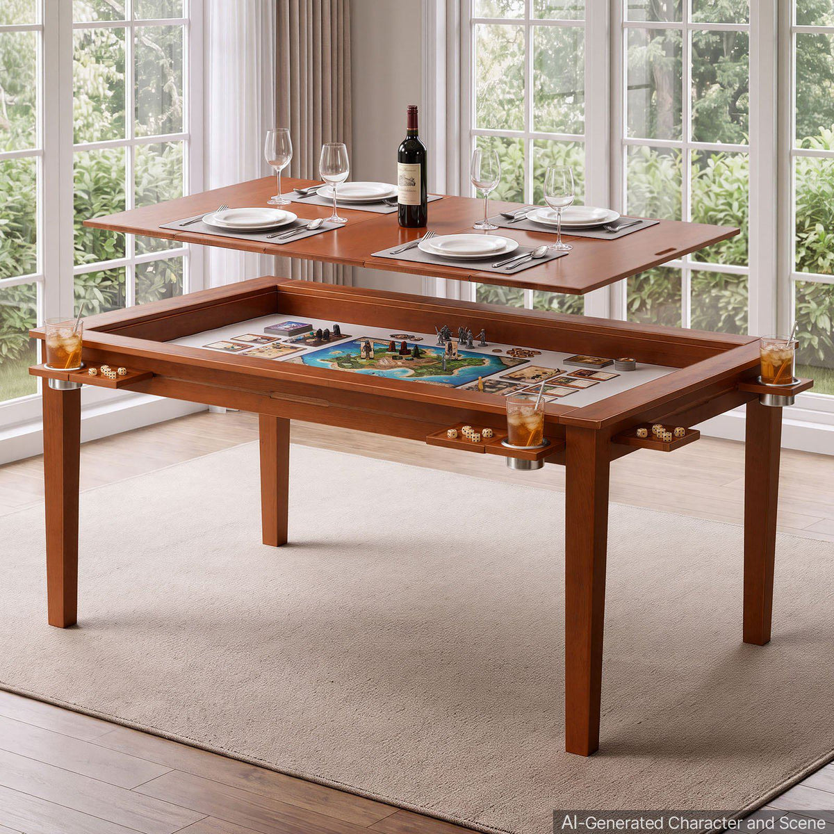 Board Game Table 2-in-1 Gaming and Dining Table 63 x 39.4 x 30 in, Roomy for 6 Players, with Removable Tabletop, Leather Gaming Mat, 6 Cup Holders & Sliding Trays, 440LBS Solid Wood Support