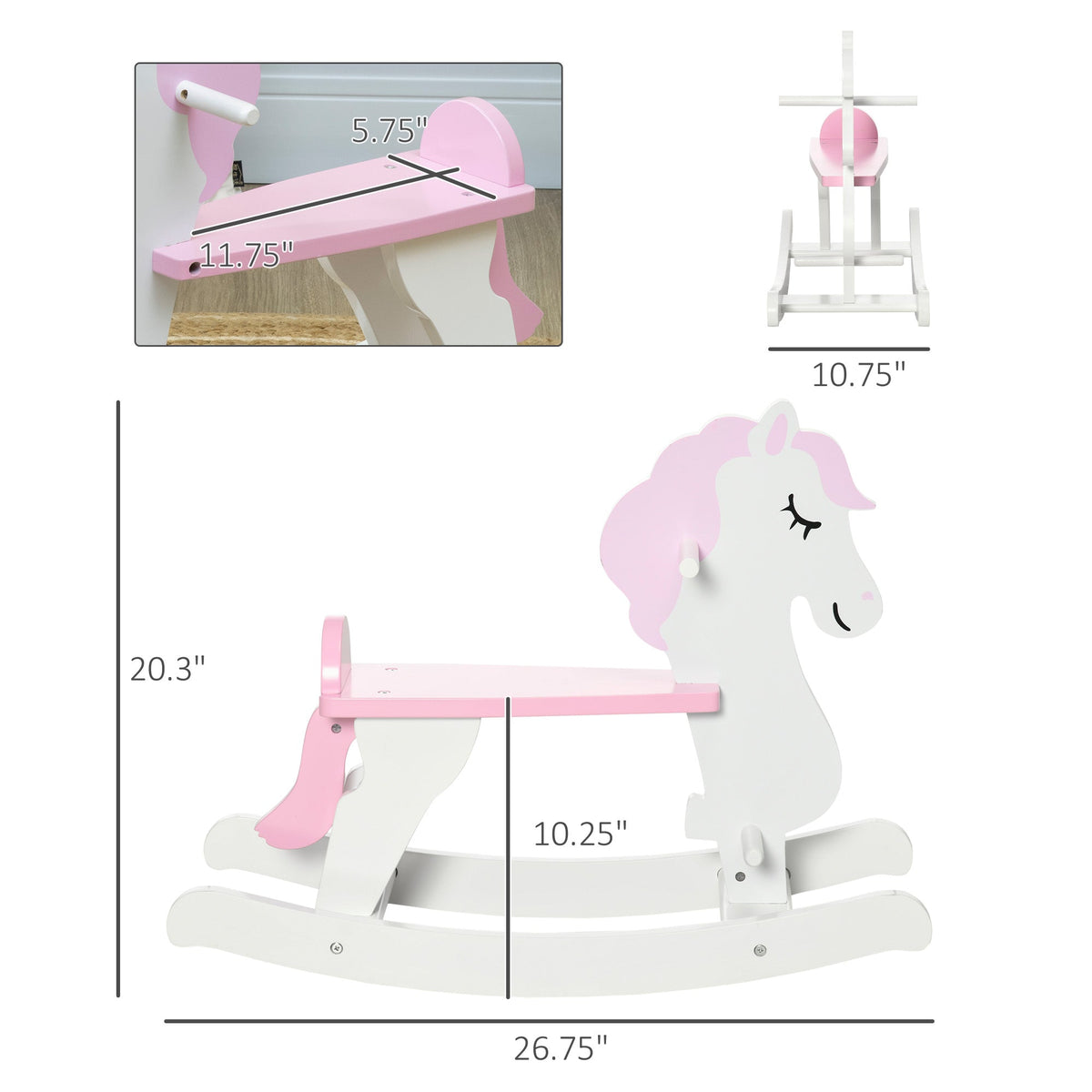 Little Wooden Rocking Horse Toy for Kids' Imaginative Play, Children's Small Baby Rocking Horse Ride-on Toy for Toddlers 1-3, Pink and White