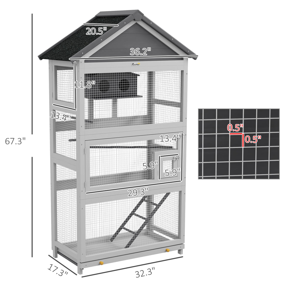 Wooden Bird Aviary with Slide-Out Tray, Birdhouse, Ladder, Perches for Finches, Parakeets, Gray