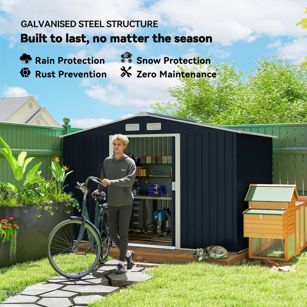 9' x 6' Outdoor Storage Shed, Garden Tool Metal Shed with Foundation Kit, Double Lockable Door, Air Vents and Sloping Roof, for Backyard, Patio, Lawn, Dark Gray
