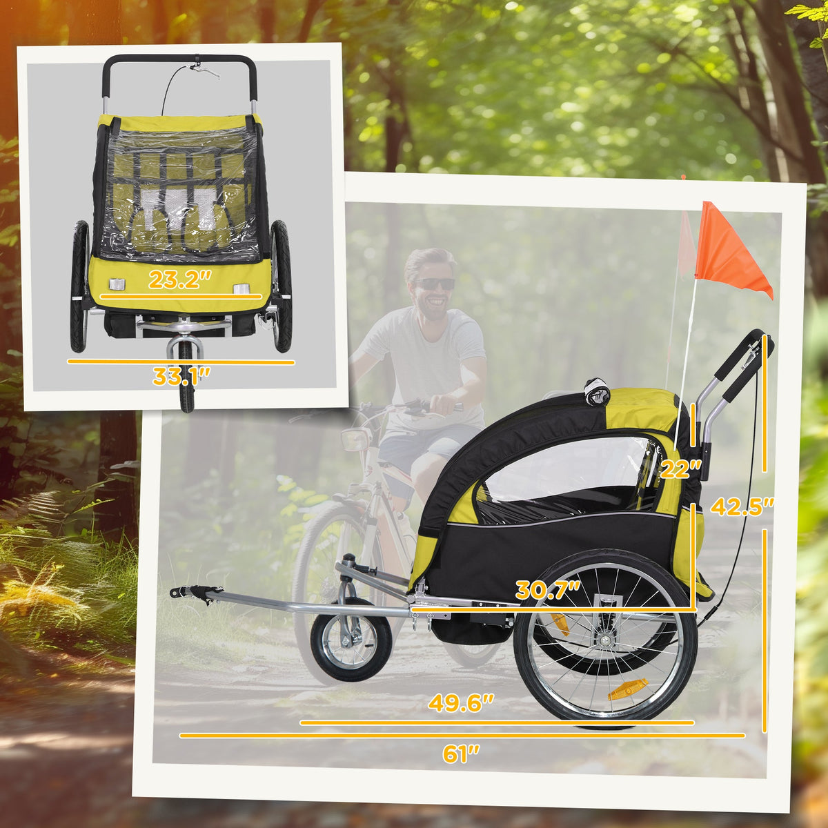 2-Seat Elite 360 Swivel Bike Trailer for Kids Bicycle Cargo Trailer with Water-Resistant Windows, Yellow