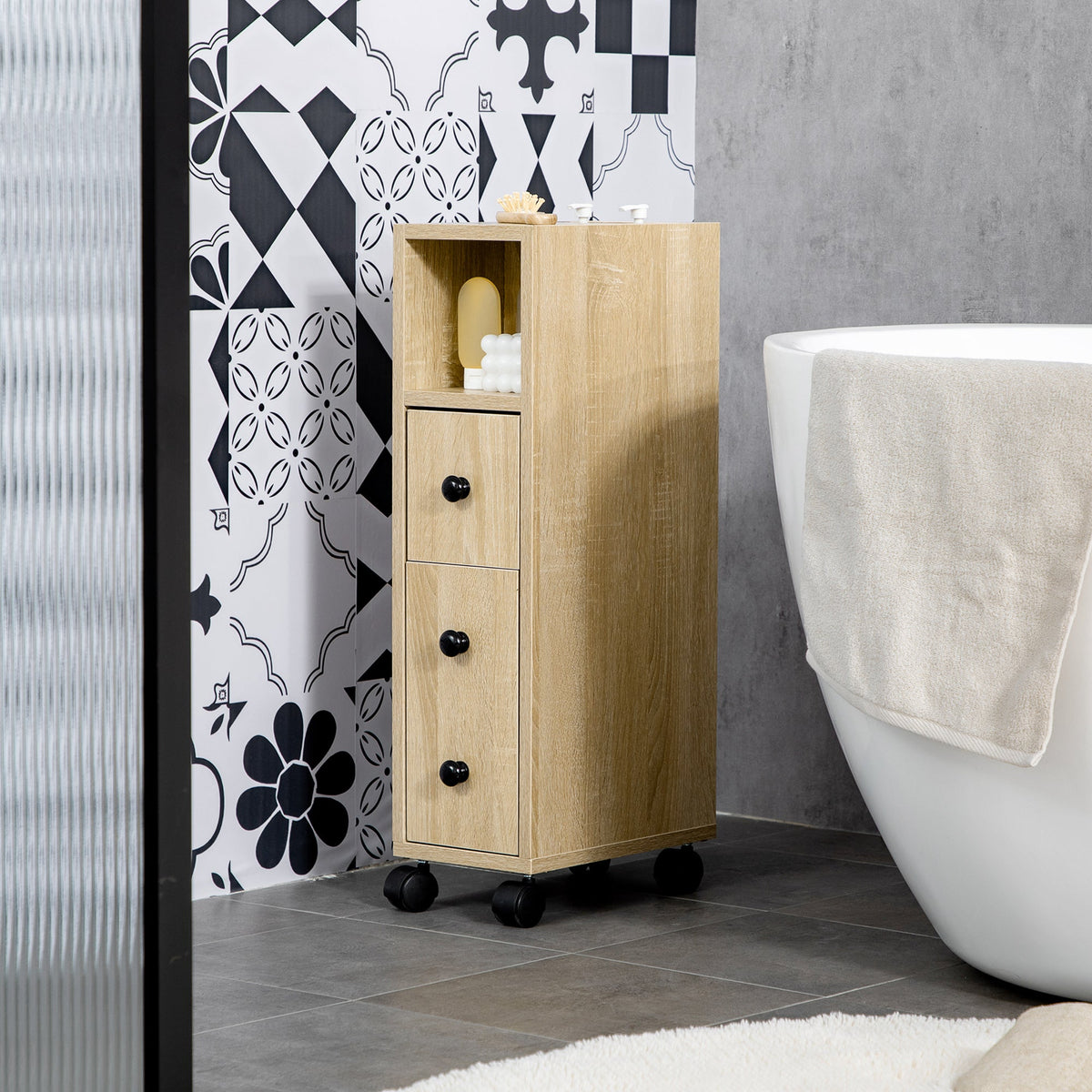 Freestanding Compact Design Bathroom Cabinet with 2 Open Cabinets, 1 Door Cabinet, 1 Drawer and 4 Rolling Wheels, Oak Grain Color