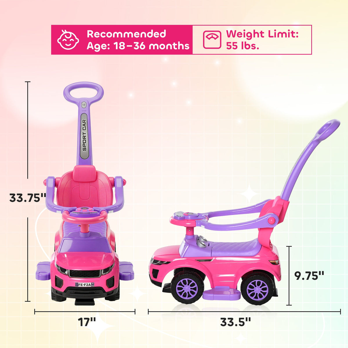 3 In 1 Push Cars for Toddlers Kid Ride on Push Car Stroller Sliding Car with Horn Music Light Function, Pink