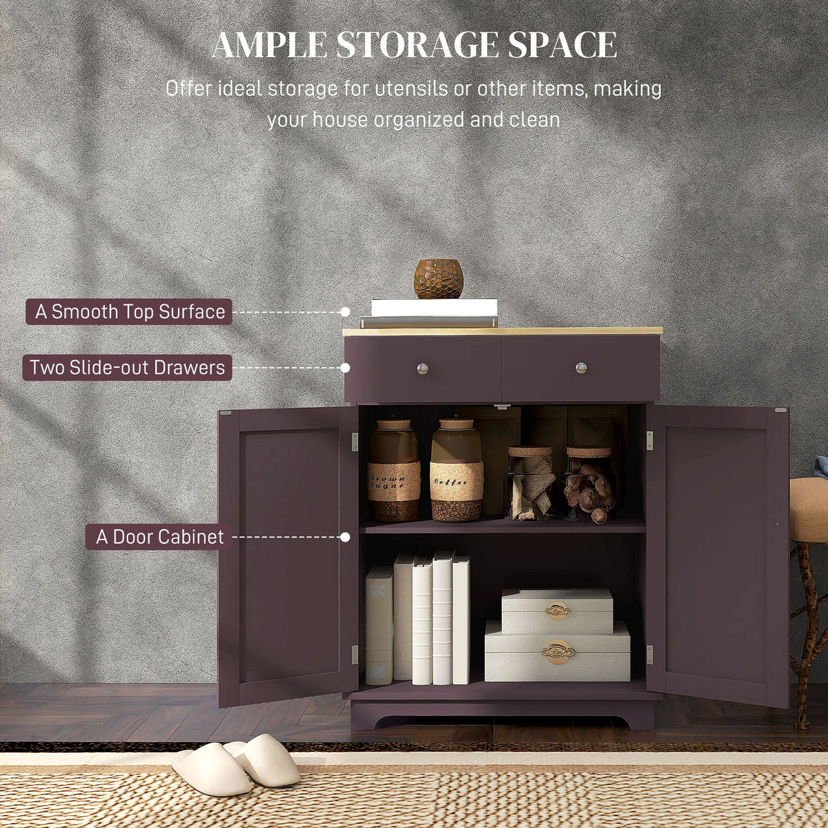 Kitchen Storage Cabinet, Sideboard Floor Cupboard with Solid Wood Top, Adjustable Shelf, and 2 Drawers, Coffee