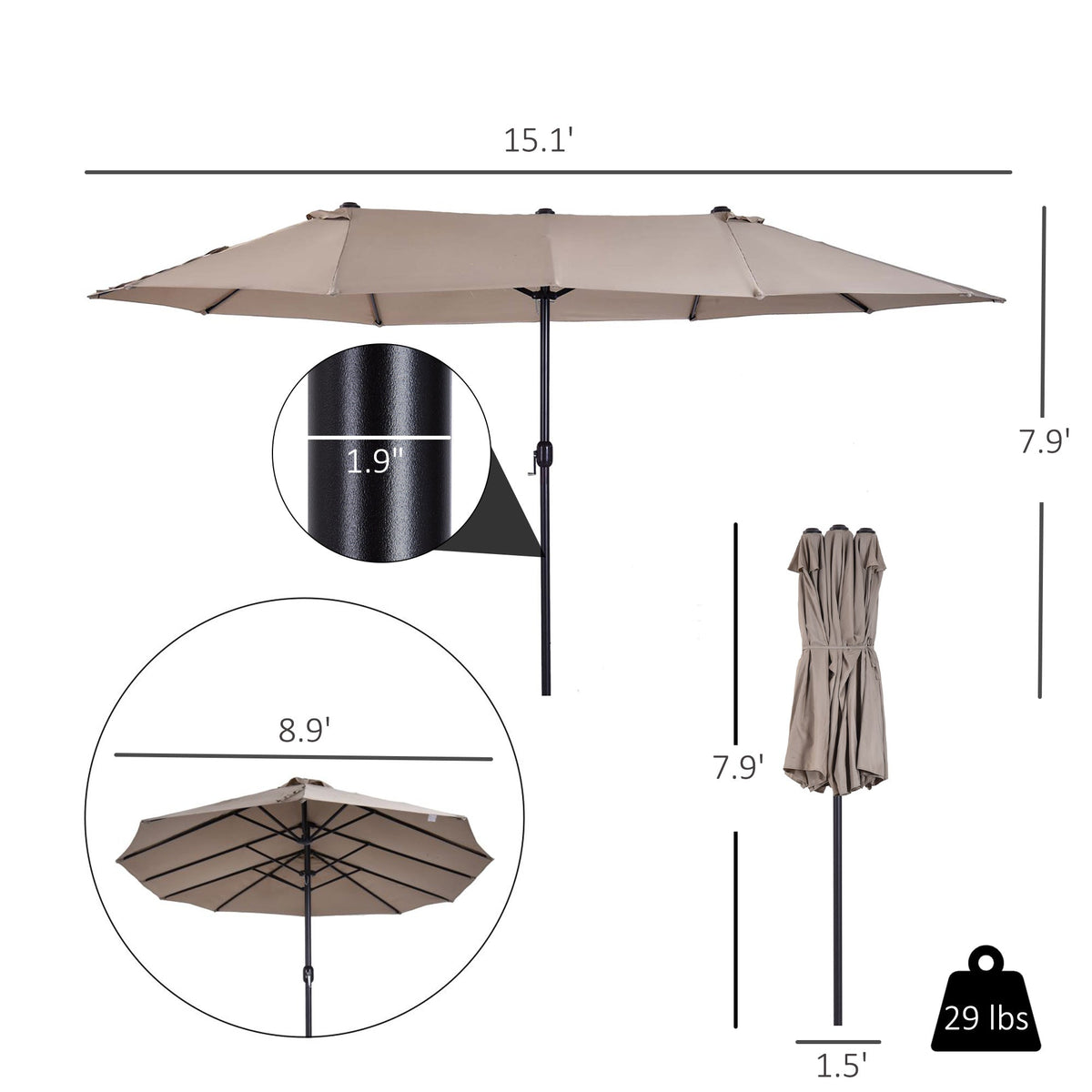 Patio Umbrella 15ft Double-Sided Outdoor Market Extra Large Umbrella with Crank Handle for Deck, Lawn, Backyard and Pool, Tan