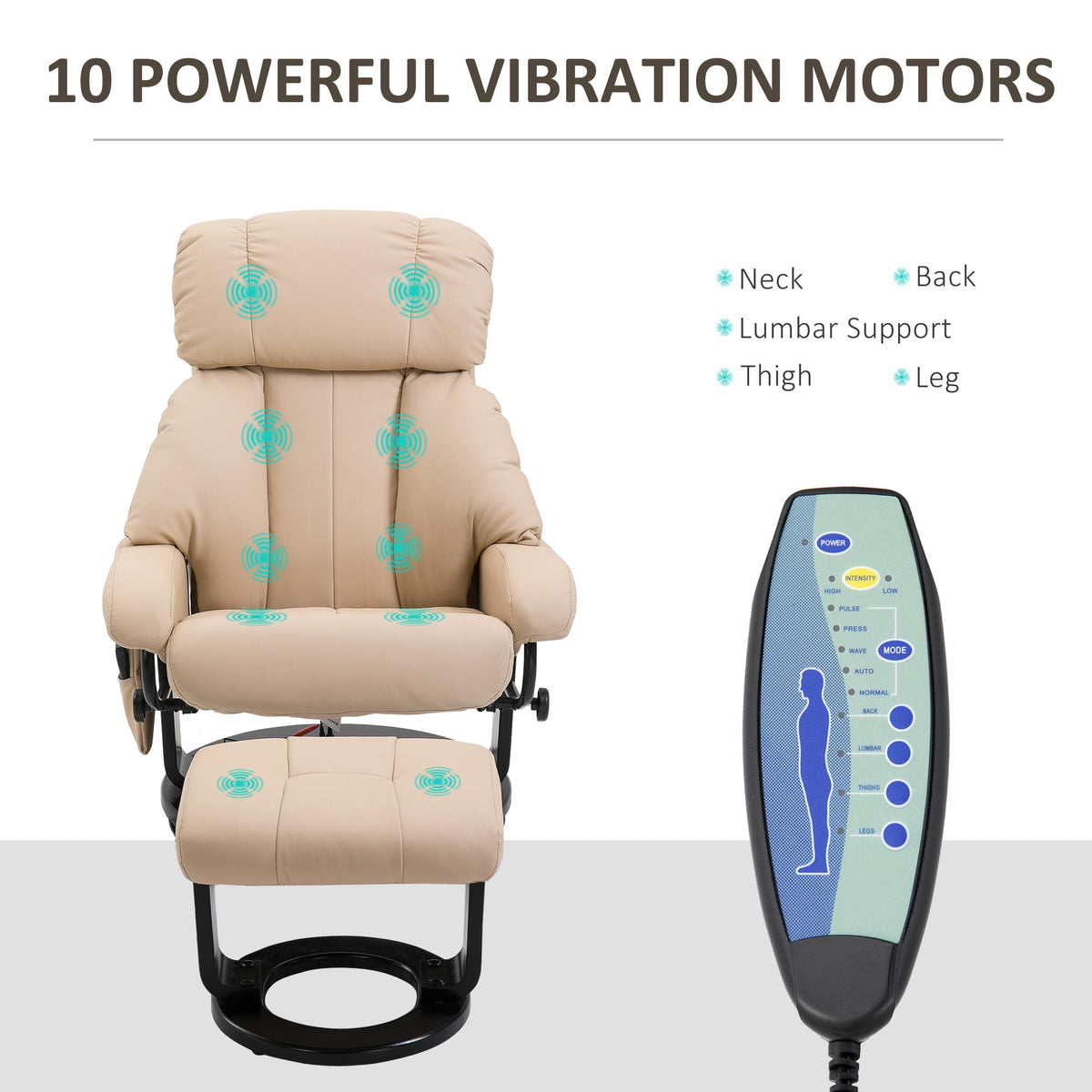 10-Point Massage Recliner Chair, Vibration Massage Sofa with Ottoman Footrest, Faux Leather and Swivel Wood Base for Living Room & Bedroom, Beige